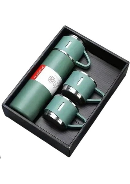 Üç Bardaklı Vacuum Flask Set Özel Kutulu Paslanmaz Çelik Termos Seti 500 ml