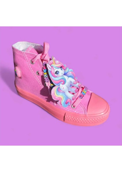 Pembe Keten Pembe Taban Bağcık Beyaz Unicorn Detay Yandan Karakter Işıklı Çocuk Spor Ayakkabı Sneaker