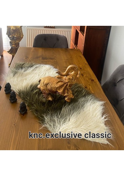Haki Yeşil -Krem Tibet Peluş Masa Örtüsü Şık Dekoratif Lüks Elegant Modern Dekoratif Runner.