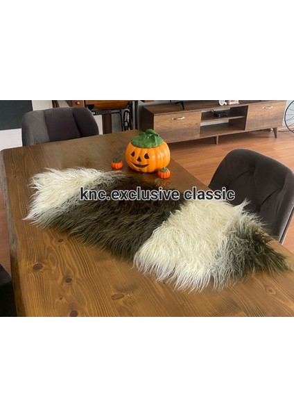 Haki Yeşil -Krem Tibet Peluş Masa Örtüsü Şık Dekoratif Lüks Elegant Modern Dekoratif Runner.