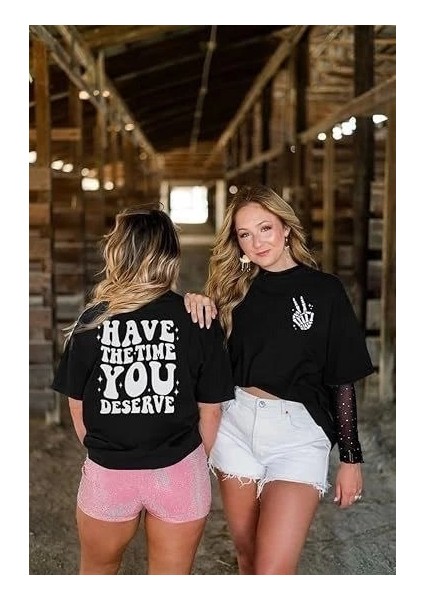 Kadın Bisiklet Yaka Kısa Kol Siyah Baskılı T-Shirt