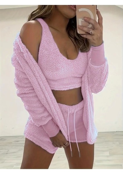 Kadın Askılı Polar Peluş Bluz Şort ve Ceket Üçlü Pembe Takım