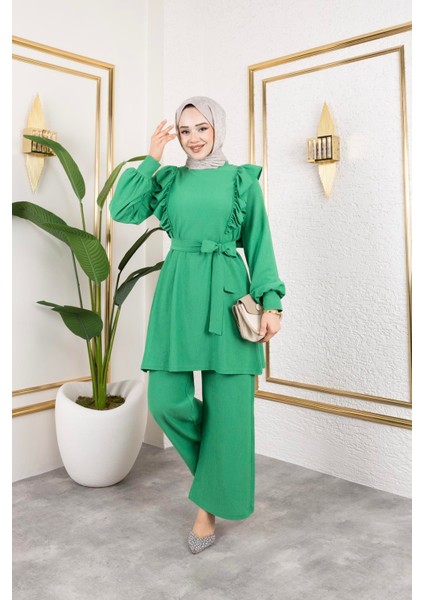 Fırfır Detaylı Tesettür TAKIM-3131 Benetton Yeşili modelleri