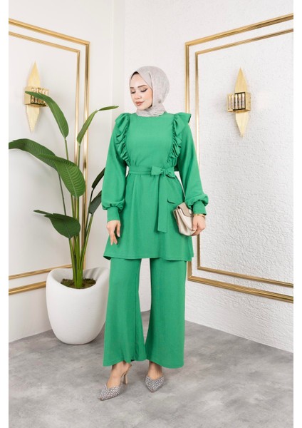 Fırfır Detaylı Tesettür TAKIM-3131 Benetton Yeşili indirimleri