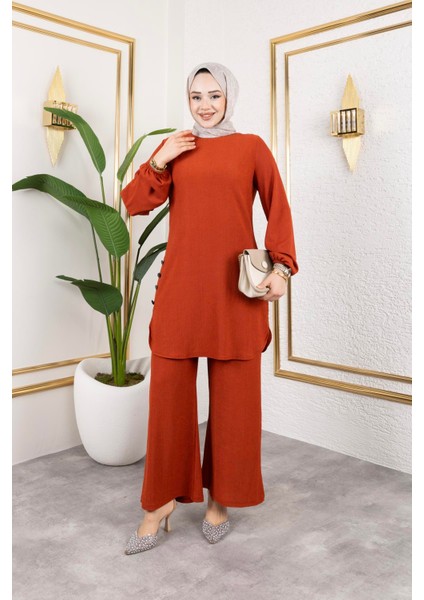 Düğme Detaylı Bürümcük Kumaş Tesettür TAKIM-3153 Oranj