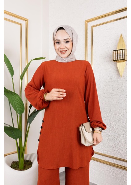 Düğme Detaylı Bürümcük Kumaş Tesettür TAKIM-3153 Oranj fiyatları