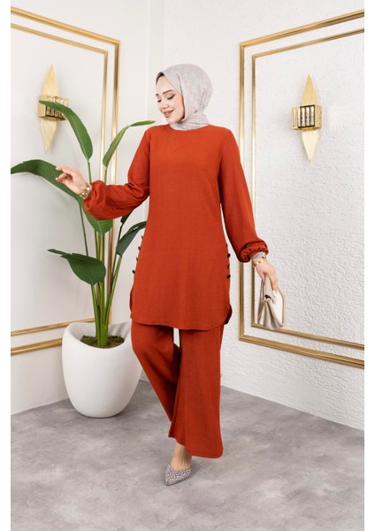 Düğme Detaylı Bürümcük Kumaş Tesettür TAKIM-3153 Oranj modelleri
