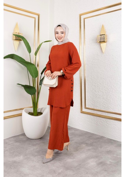 Düğme Detaylı Bürümcük Kumaş Tesettür TAKIM-3153 Oranj fırsatları