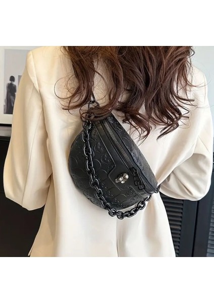 Kuru Kafalı Zincir Detaylı Bel ve Göğüs Çantası