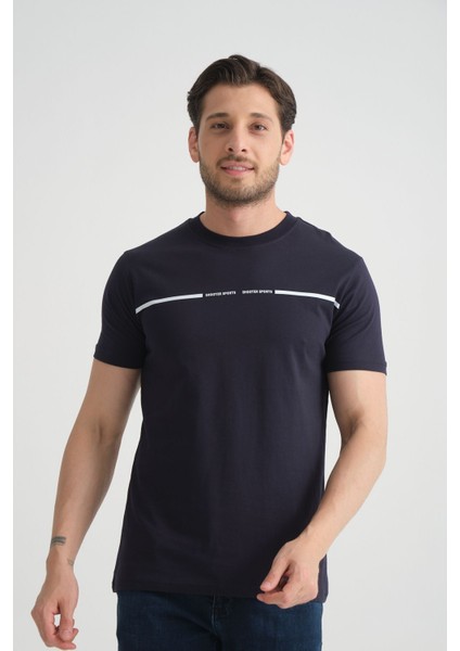 Lacivert Erkek Tişört Pamuk Nefes Alan Bisiklet Yaka Regular Fit