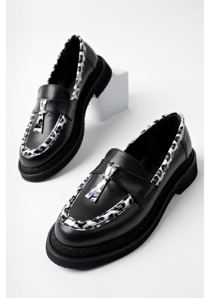 Shadow Model Siyah Cilt Leopar Şerit ve Toka Detaylı Kadın Loafer Günlük Ayakkabı
