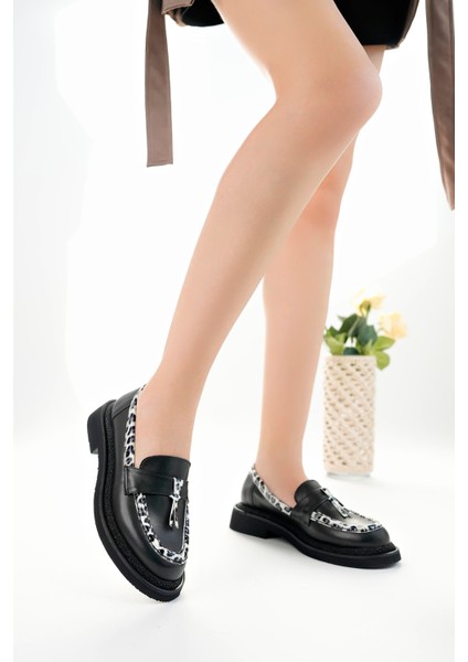 Shadow Model Siyah Cilt Leopar Şerit ve Toka Detaylı Kadın Loafer Günlük Ayakkabı fiyatları