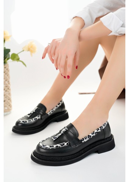 Shadow Model Siyah Cilt Leopar Şerit ve Toka Detaylı Kadın Loafer Günlük Ayakkabı fırsatları