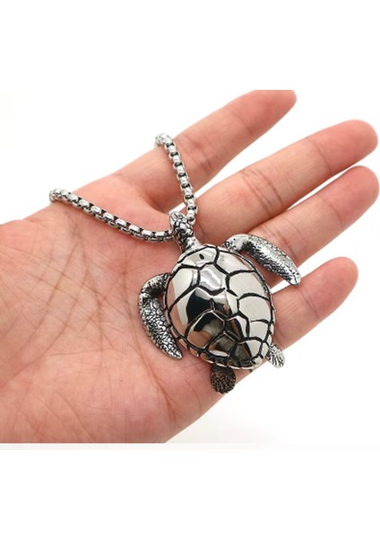 Voyageaccessory Paslanmaz Çelik Sevimli Caretta Caretta Kaplumbağa Kolye / 60 cm Zincirli