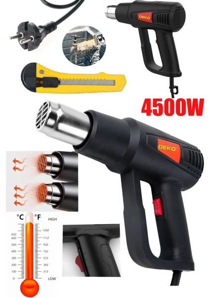 4500 Watt Darbeye Dayanıklı Bakır Sargılı Rezistans 2 Kademeli Sıcak Hava Tabancası Isı Tabancası