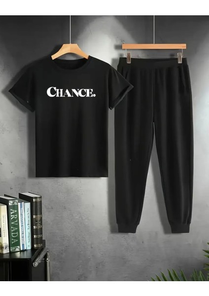 Büyük Beden Özel Tasarım Chance. Baskılı Rahat Kısa Kollu Yazlık Erkek Eşofman Takımı