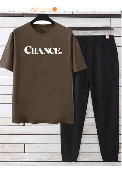 Büyük Beden Özel Tasarım Chance. Baskılı Rahat Kısa Kollu Yazlık Erkek Eşofman Takımı