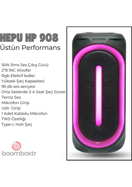 Hp 108 Bluetooth Hoparlör 16 W Rms 2*8 Inc Karaoke Kablolu Mikrofon Rgb Efekt Usb,typc-E