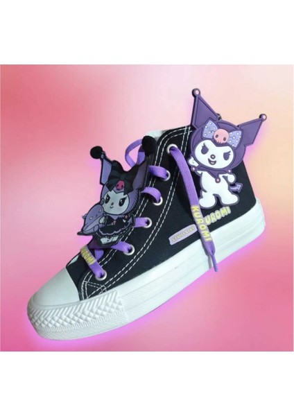 Siyah Keten Bağcık Kuromici Detay Yandan Silikon Kuromicili Çocuk Spor Ayakkabı Sneaker