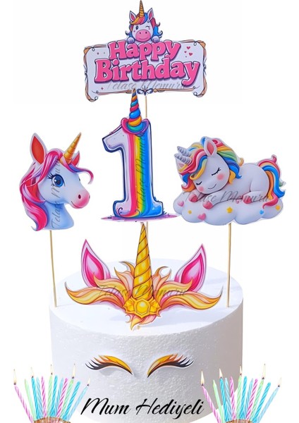 1 Yaş Unicorn Pasta Süsü - 1 Yaş Unicorn Doğum Günü Konsepti - Unicorn Kürdanlı Pasta Süsü