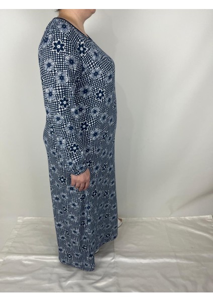 Kadın Lacivert Beyaz Bisiklet Yaka Uzun Kollu Kol Bilekleri Lastikli Süet Mevsimlik Anne Elbise