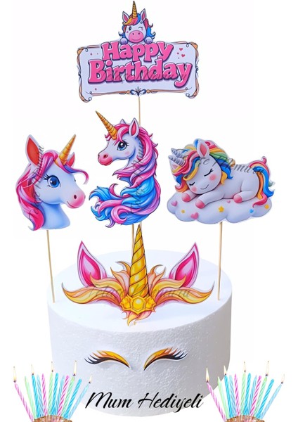 3 Yaş Unicorn Pasta Süsü - 3 Yaş Unicorn Doğum Günü Konsepti - Unicorn Kürdanlı Pasta Süsü