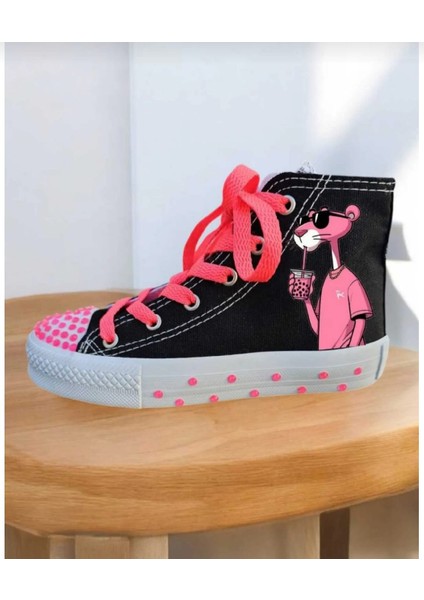 Siyah Keten Pembeli Panterci Baskılı Parlayan Pembe Sedef Detay Renkli Taban Çocuk Spor Ayakkabı Sneaker