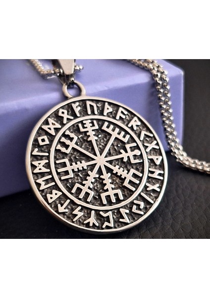 Voyageaccessory Paslanmaz Çelik Çift Taraflı Kullanım Viking Mitoloji Vegvisir Pusula Kolye /70 cm Zincirli