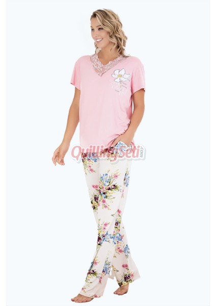 Pembe Renk Çiçek Desenli Lady 12596 Pamuklu Kadınların Tercihi Kısa Kol Pijama Takımı