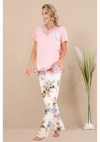 Pembe Renk Çiçek Desenli Lady 12596 Pamuklu Kadınların Tercihi Kısa Kol Pijama Takımı