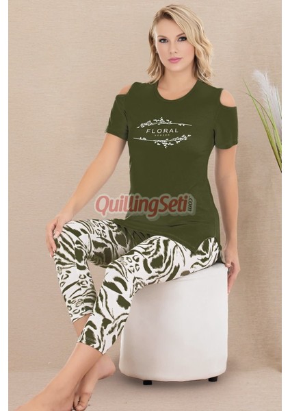 Haki Renk ve Desenli Pamuklu Kadınların Tercihi Lady 12070 Kapri ve Taytlı Pijama Takımı fiyatları