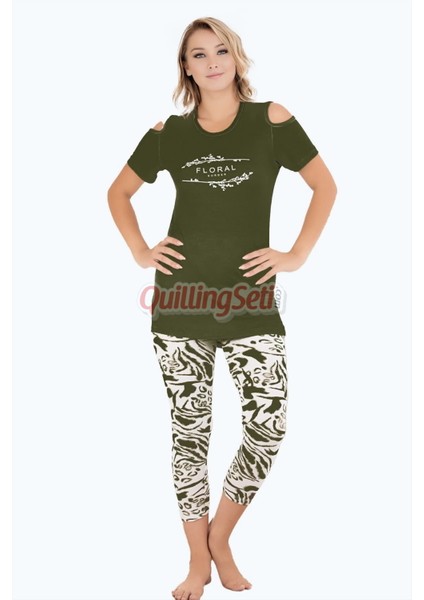 Haki Renk ve Desenli Pamuklu Kadınların Tercihi Lady 12070 Kapri ve Taytlı Pijama Takımı modelleri