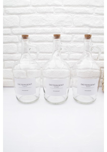 Dekoratif Cam Galon Mantar K. 3'lü Deterjan ve Yumuşatıcı Şişesi(Siyahlar,renkliler,beyazlar 1500ML)