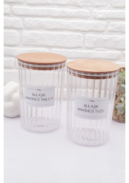 Ahşap Kapaklı Oval Çizgili Bulaşık Makinesi Tableti ve Bulaşık Makinesi Tuzu Kavanozu 2200ML