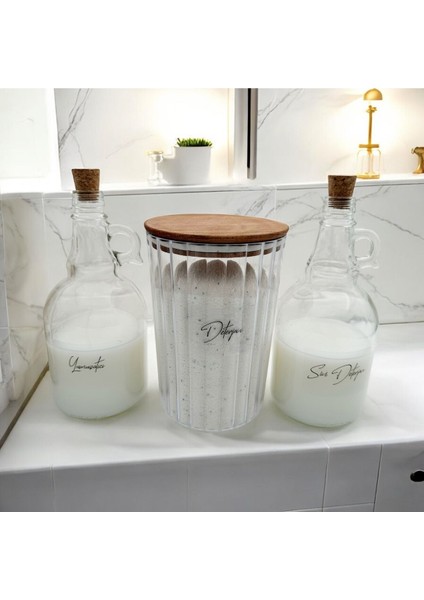 Ahşap Kapaklı Çizgili Deterjan Kavanozu 2300ML - Sıvı Deterjan ve Yumuşatıcı Şişesi 1000ML