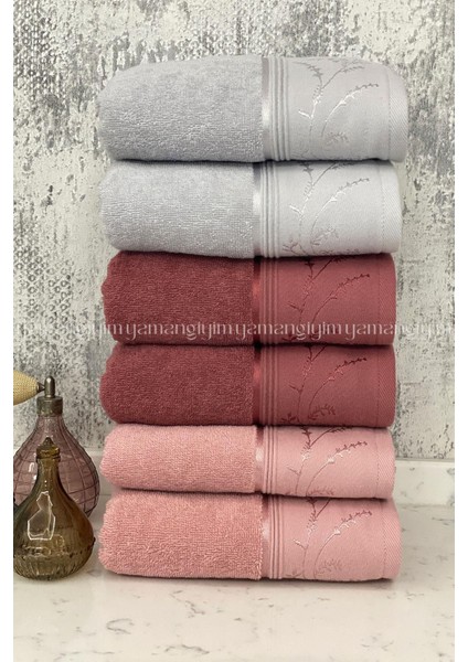 Ditsy El-Yüz Havlusu 6 Adet-Pembe-Mürdüm-Gri