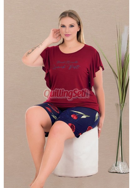 Bordo - Lacivert Renk ve Gül Desenli 10428 Şortlu Büyük Beden Anne Pijama Takımı fiyatları