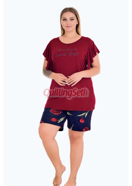 Bordo - Lacivert Renk ve Gül Desenli 10428 Şortlu Büyük Beden Anne Pijama Takımı modelleri