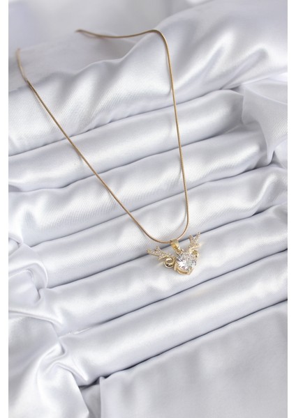 Zarif Kadın Için Golden Çelik Zirkonlu Boynuz Kolye