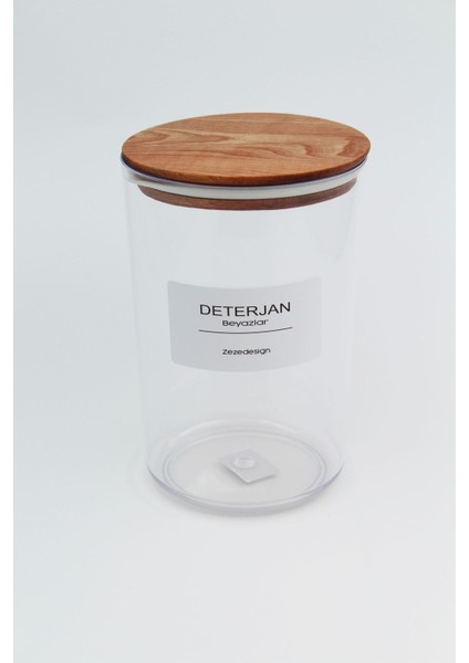 Ahşap Vakumlu Kapak Sert Plastik Çamaşır Deterjanı Kavanozu (Beyazlar Için)