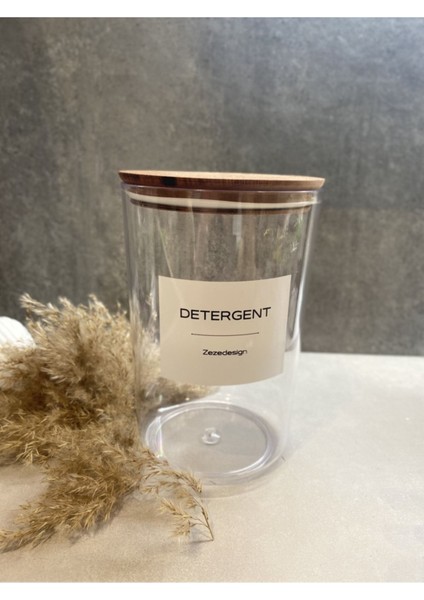 Ahşap Vakumlu Kapak Sert Plastik Çamaşır Deterjanı Kavanozu 2300ML