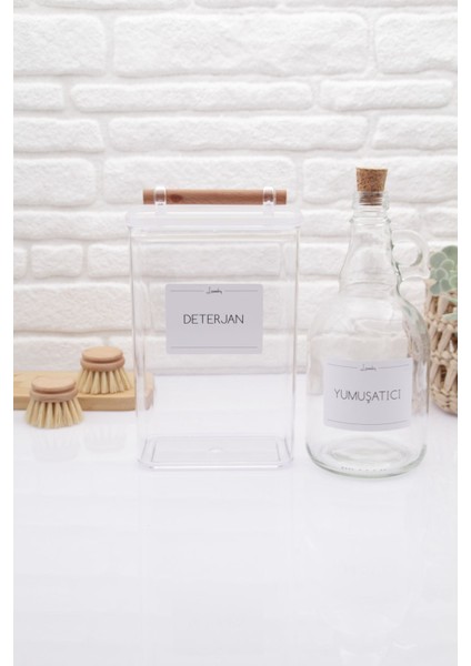 Ahşap Kulplu Vakumlu Şeffaf Deterjan Kavanozu 2000ML-YUMUŞATICI Şişesi 1000ML