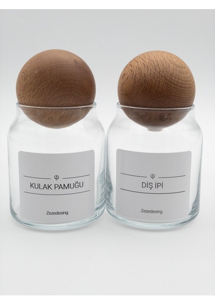 Dekoratif Ahşap Top Kapak Kulak Pamuğu ve Diş Ipi Kavanozu Kutusu 300ML