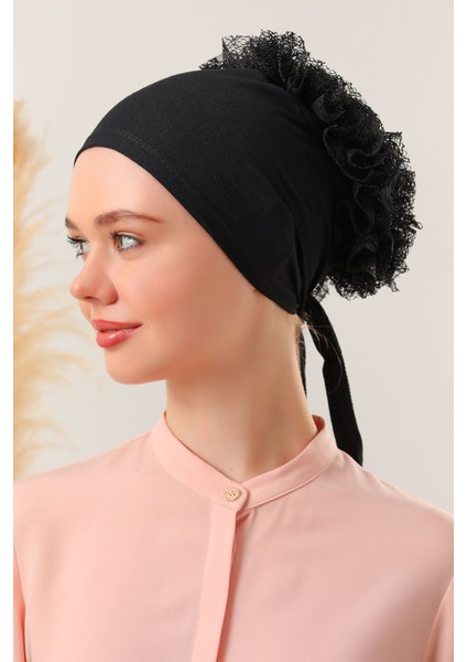 Kadın Tesettür 10'lu Fırfırlı Dikişli Bone Siyah modelleri