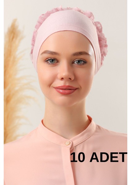 Kadın Tesettür 10'lu Fırfırlı Dikişli Bone Pudra