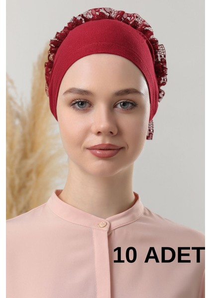 Kadın Tesettür 10'lu Fırfırlı Dikişli Bone Bordo