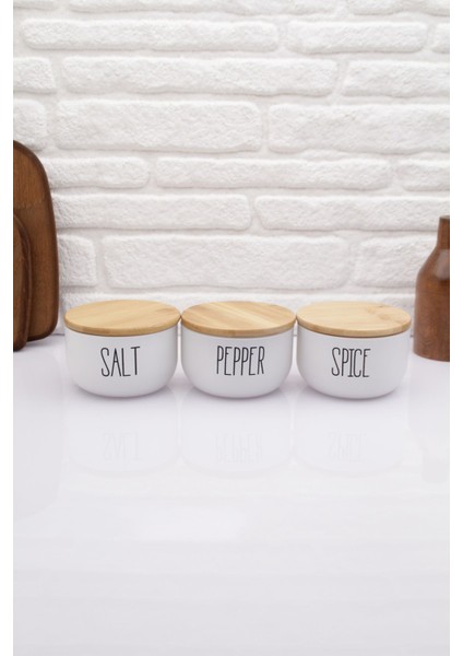 Bambu Kapaklı Cam Beyaz Salt & Pepper & Spıce Kavanoz Seti 370ML