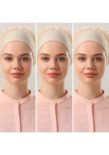 Kadın Tesettür 3'lü Fırfırlı Dikişli Bone Bej