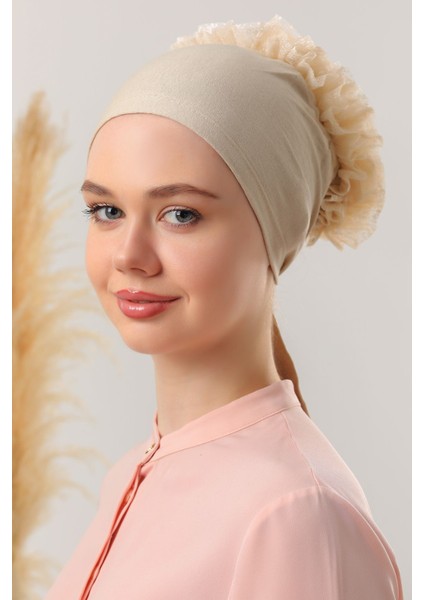 Kadın Tesettür 3'lü Fırfırlı Dikişli Bone Bej modelleri