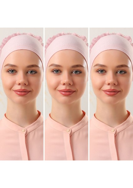 Kadın Tesettür 3'lü Fırfırlı Dikişli Bone Pudra